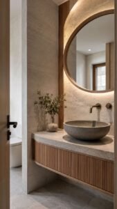 Sculptural Basin Corner With Stone and Warm Wood