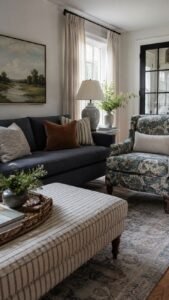 Storytelling Upholstery With Different Fabrics Across the Room